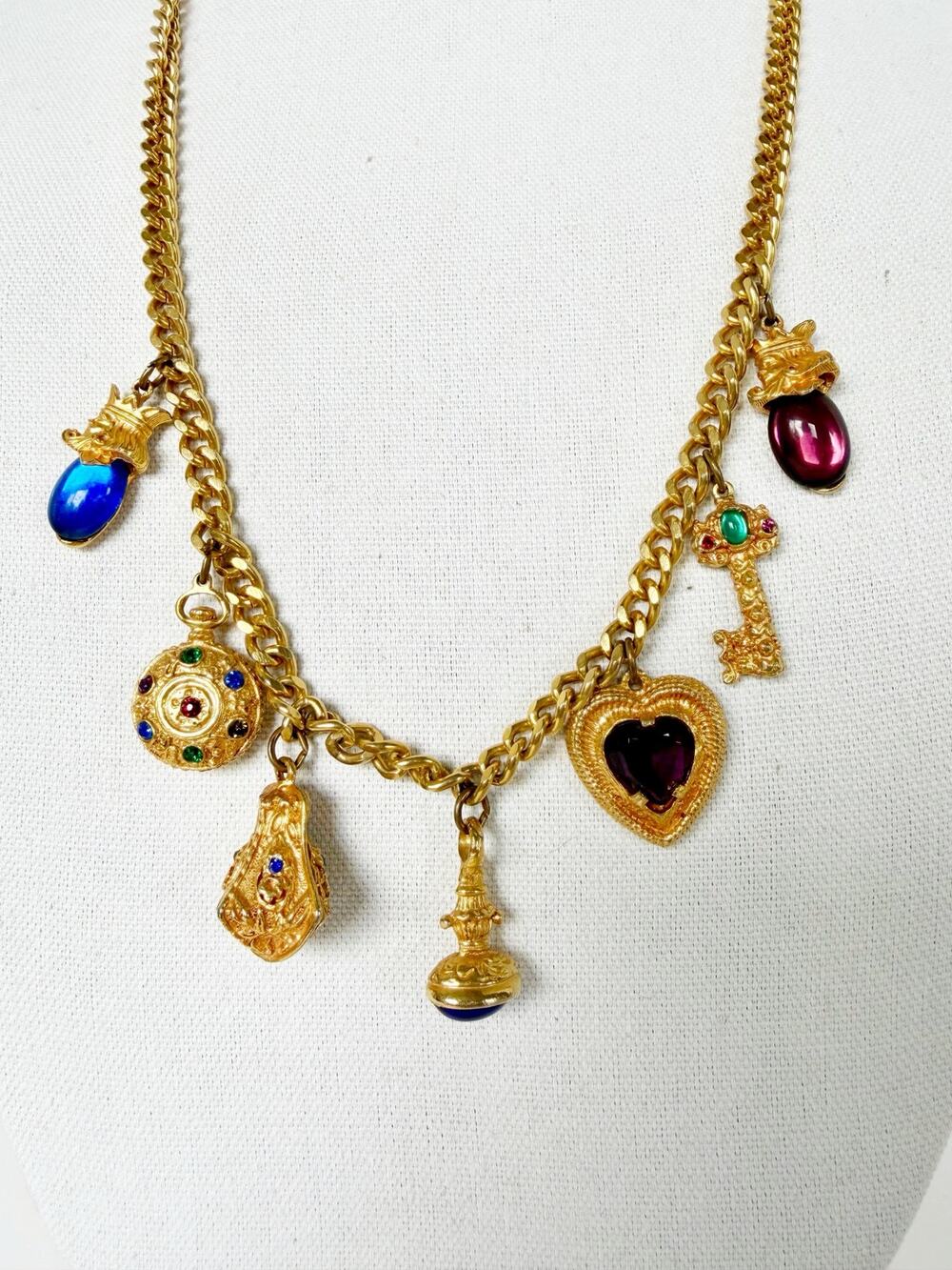 Vintage Long Gold Necklace Multicolored Crystal Trinket Charm Necklace